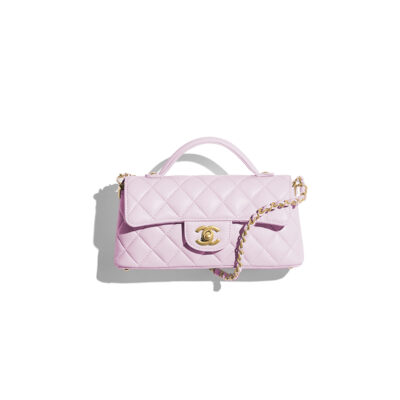 CH@NEL MINI FLAP BAG WITH TOP HANDLE LAMBSKIN & GOLD-TONE METAL LIGHT PINK AS5354 (20*14*5.5cm)