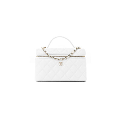 CH@NEL CC TOP HANDLE LONG VANITY CASE WITH CHAIN SHINY CAVIAR LIGHT GOLD HARDWARE WHITE AP4385 B10581 (19.5*17*5см)